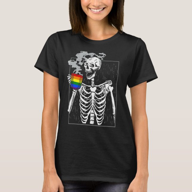 T-shirt Squelette Boire Café Gay pride Mois Lgbt Q Al (Devant)