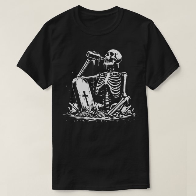 T-shirt squelette buvant de la bière dans la tombe (Design devant)