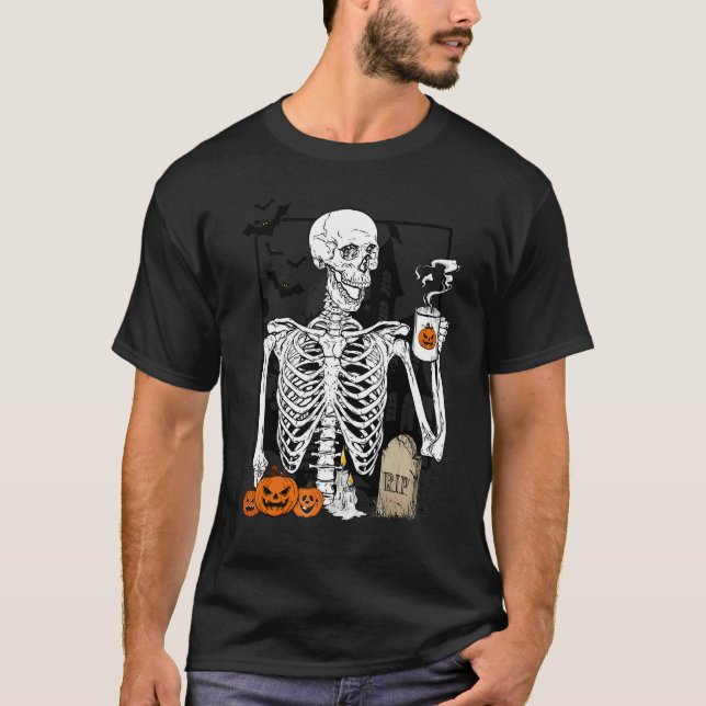 T-shirt Squelette buvant du café   Crâne d'Halloween 1 (Devant)
