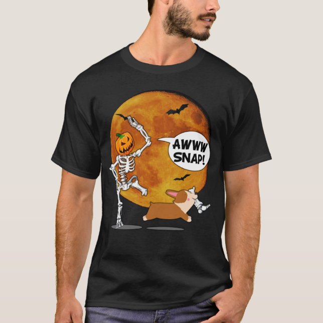 T-shirt Squelette citrouille Broché Jambe Halloween Corgi (Devant)