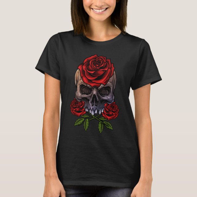 T-shirt Squelette Crâne Roses Romantique Floral Décès (Devant)