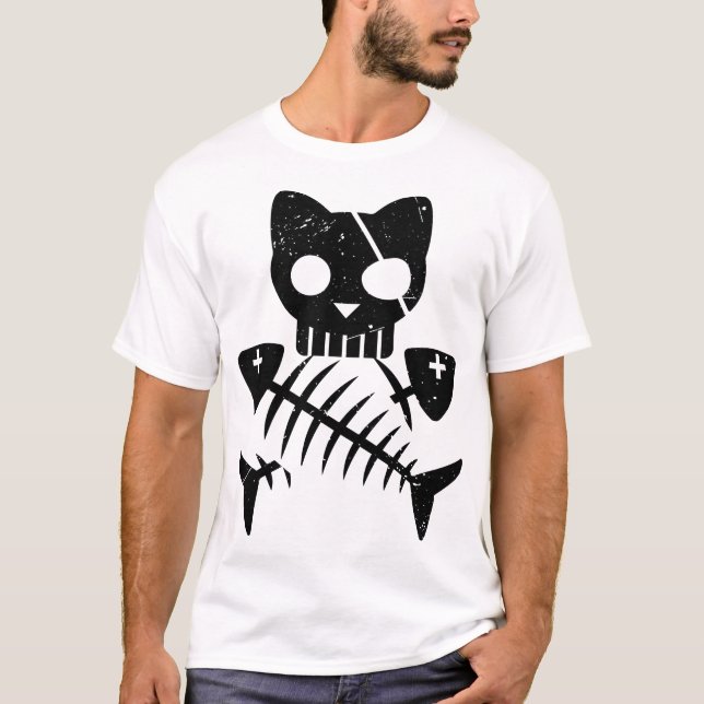 T-shirt Squelette de chat et de poisson pour Halloween Hor (Devant)