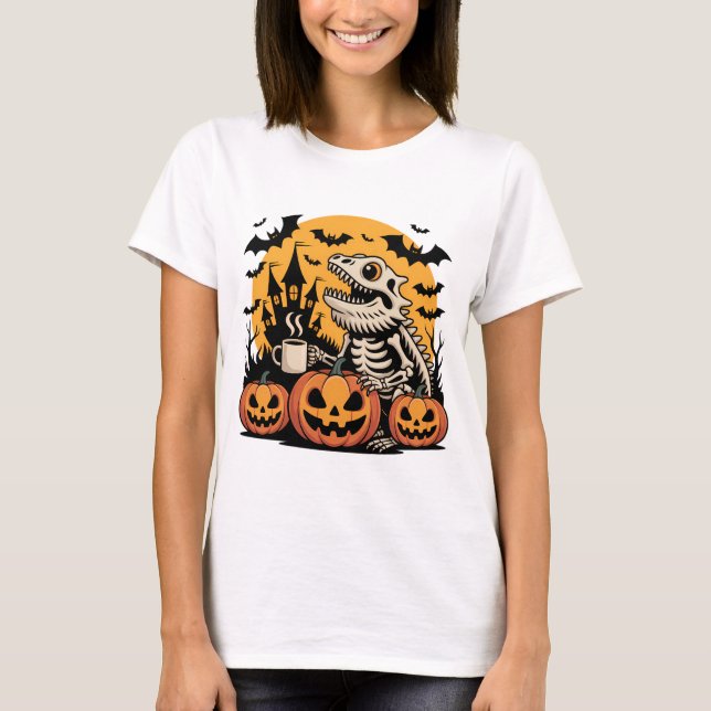 T-shirt Squelette de dinosaure d'Halloween avec café (Devant)