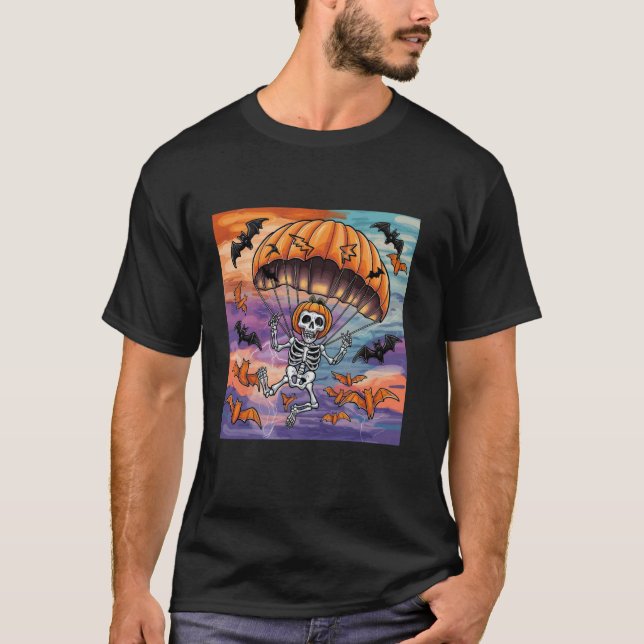 T-shirt Squelette de Halloween en parachutisme (Devant)