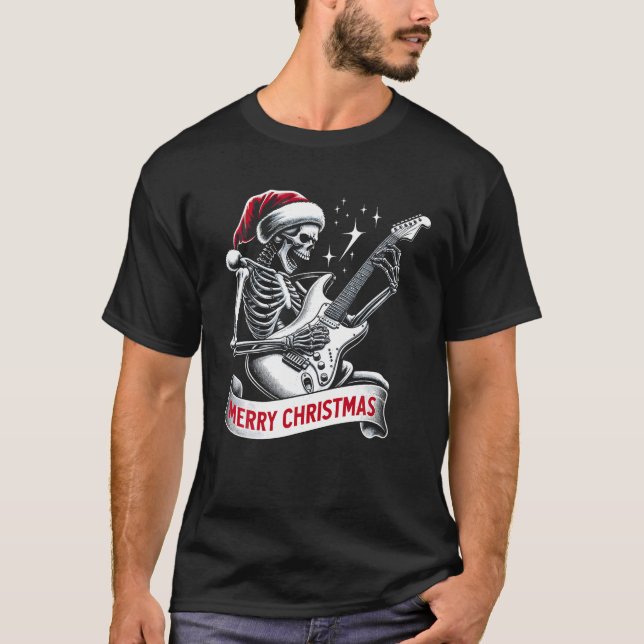 T-shirt Squelette De Noël Jouant Guitare Rock Et Roll Sa (Devant)
