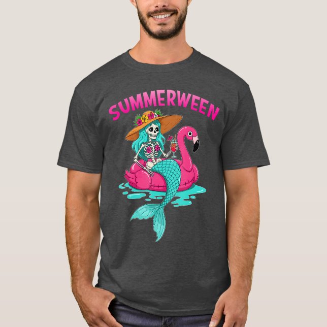 T-shirt Squelette de sirène Summerween Flamant Rose de pla (Devant)