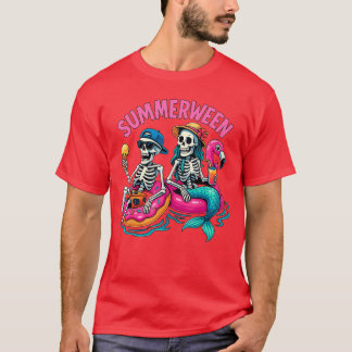 T-shirt Squelette de sirène Summerween Plage Flamant Rose