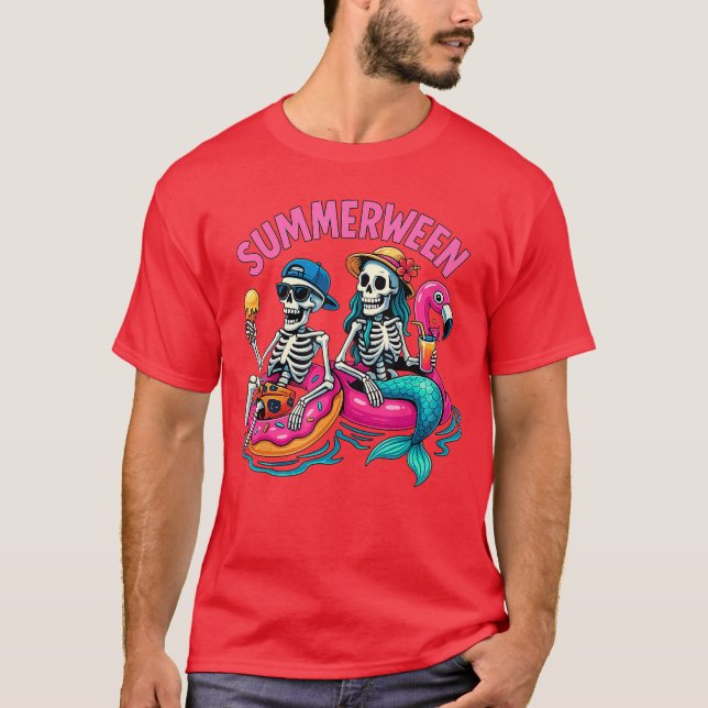 T-shirt Squelette de sirène Summerween Plage Flamant Rose  (Devant)