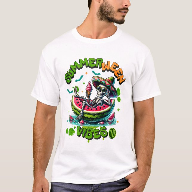 T-shirt Squelette de Summerween sur bateau en pastèque gla (Devant)