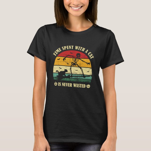 T-shirt Squelette de temps passé avec un chat jamais perdu (Devant)
