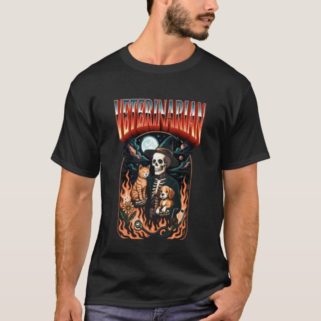 T-shirt Squelette de vétérinaire effrayant avec chat et ch (Devant)