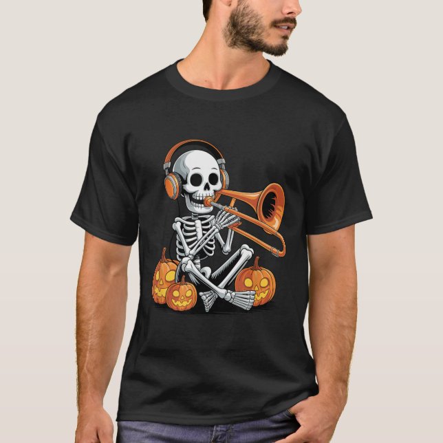 T-shirt Squelette d'Halloween au trombone tromboniste  (Devant)