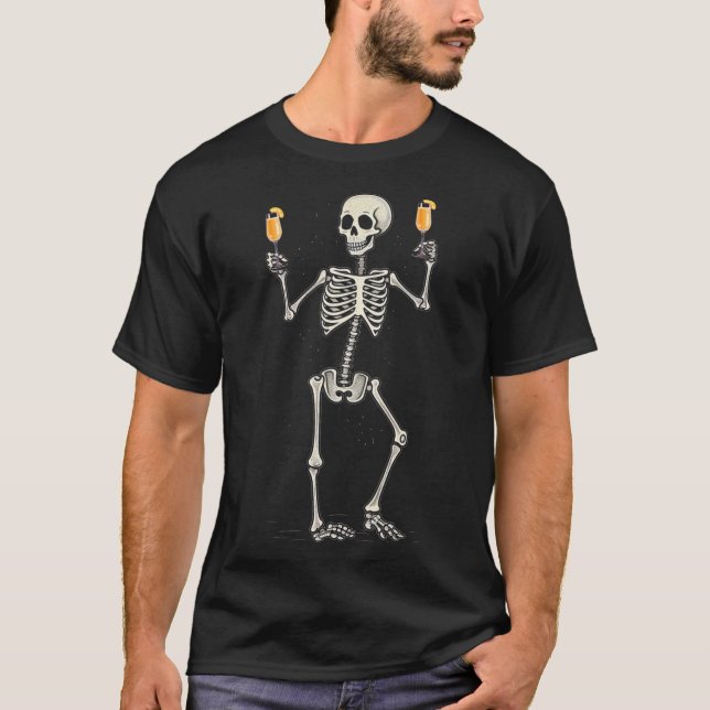T-shirt Squelette d'Halloween buvant une Bellini à la pêch (Devant)