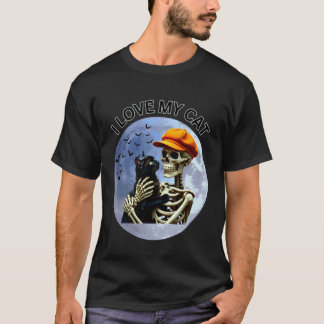 T-shirt Squelette d'Halloween tenant un chat sous la plein