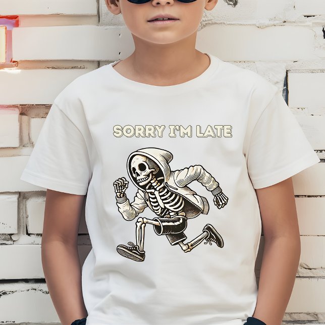 T-shirt Squelette drôle d'enfants en retard (Funny Kids Tshirt. Skeleton running Sorry I'm late!)