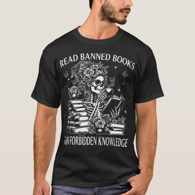 T-shirt Squelette Drôle Lit des Livres Interdits Acquiert  (Devant)