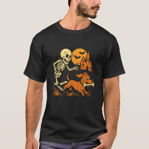 T-shirt Squelette drôle poursuivant un chien teckel Drôle