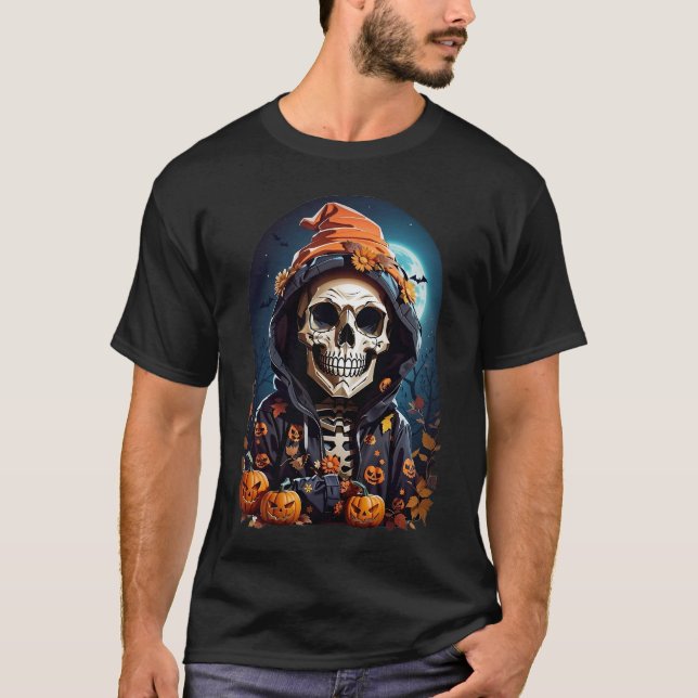 T-shirt Squelette effrayant avec des citrouilles maléfique (Devant)