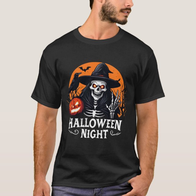 T-shirt Squelette effrayant avec sorcière de citrouille lu (Devant)