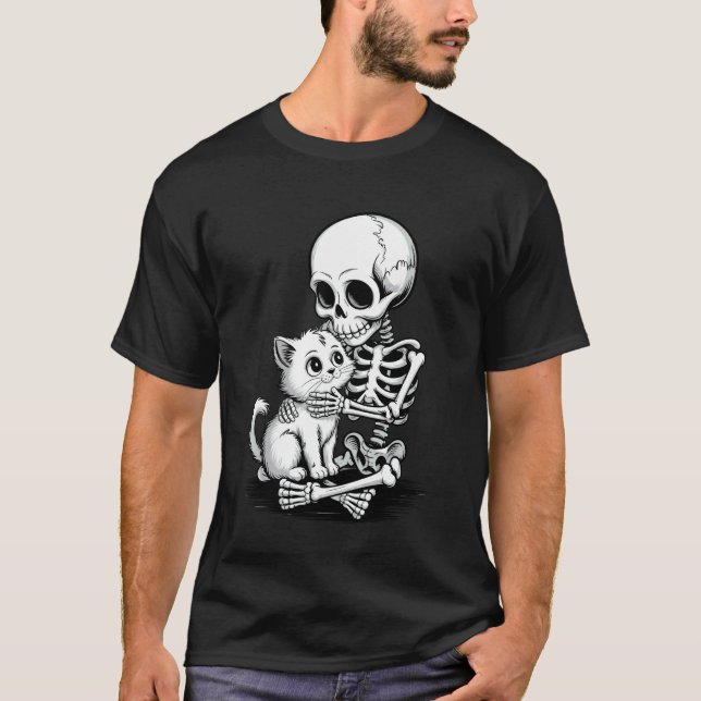T-shirt Squelette effrayant serrant un chat drôle de tour  (Devant)