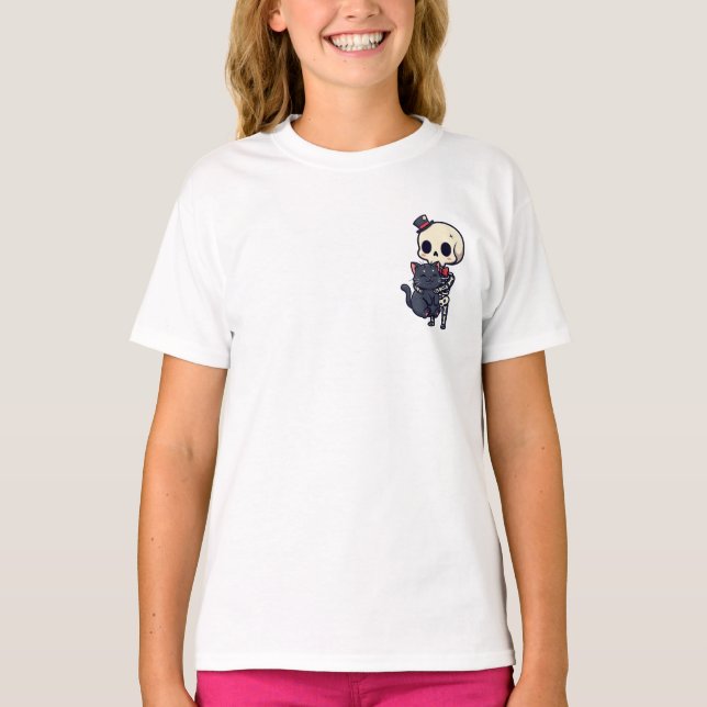 T-shirt Squelette élégant serrant dans ses bras un chat no (Devant)