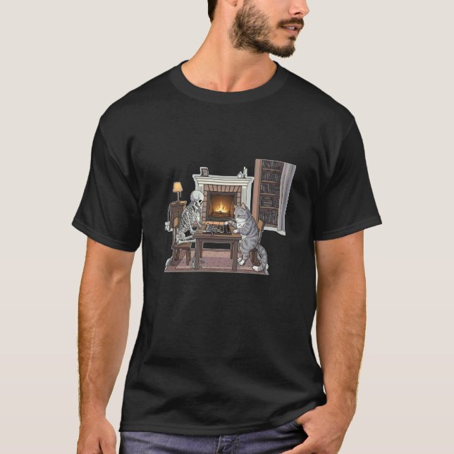 T-shirt Squelette et chat jouant aux échecs (Devant)