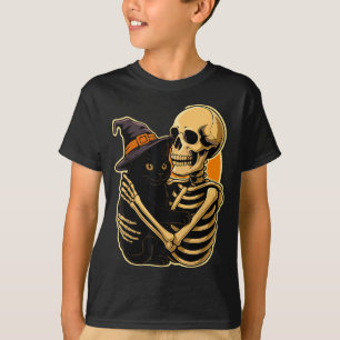 T-shirt Squelette étreignant un chat noir Halloween sorciè