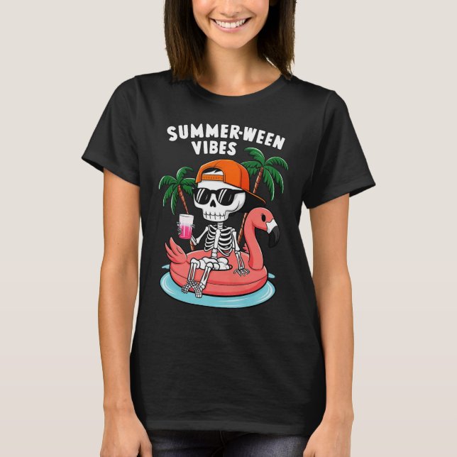 T-shirt Squelette Flamant rose Summerween Vibes Halloween  (Devant)