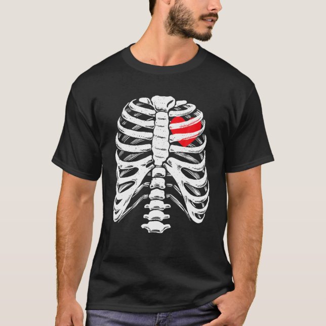 T-shirt Squelette Halloween Costume Coeur Rib Cage Bones X (Devant)