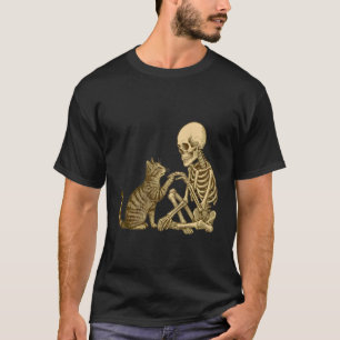 T-shirt Squelette jouant avec un chat Halloween mignon hom