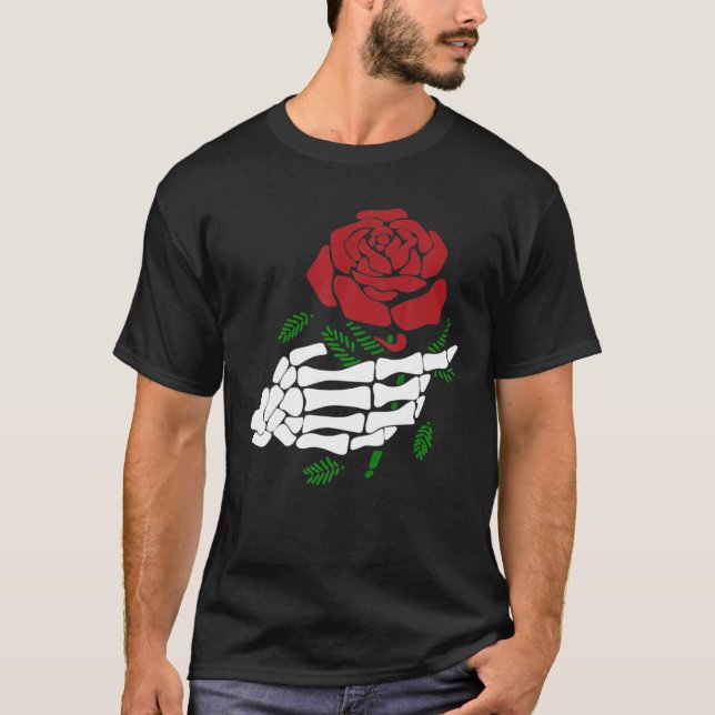T-shirt Squelette main tenant Rose Rouge Drôle Amateurs de (Devant)