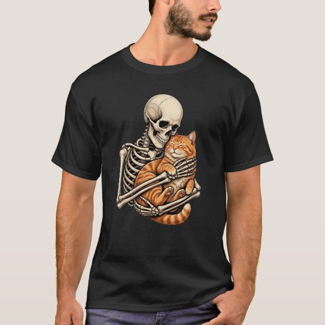 T-shirt squelette mignon étreignant un chat orange (Devant)