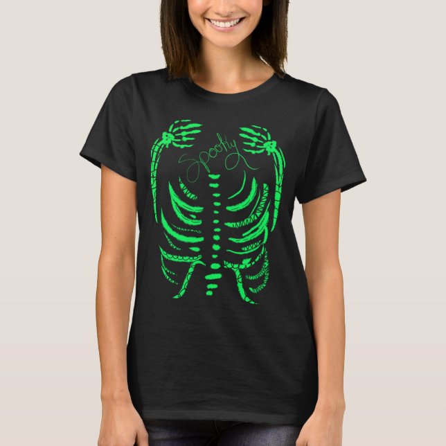 T-shirt Squelette Néon Vert Épouvantable Dessiné à la Main (Devant)
