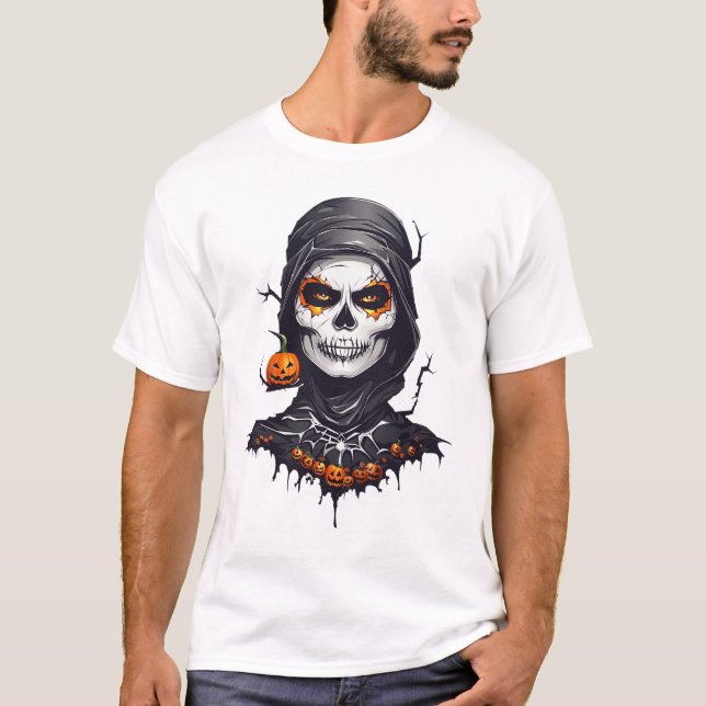 T-shirt Squelette noir vêtu Halloween Art AI (Devant)