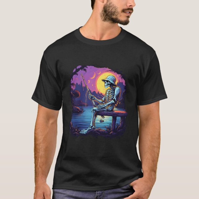 T-shirt Squelette Pêche basse Fisher Squelette Halloween (Devant)