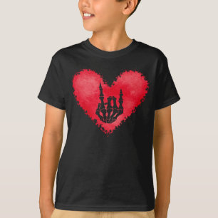 T-shirt Squelette Poignée Signes De Cornes Coeur Valentins