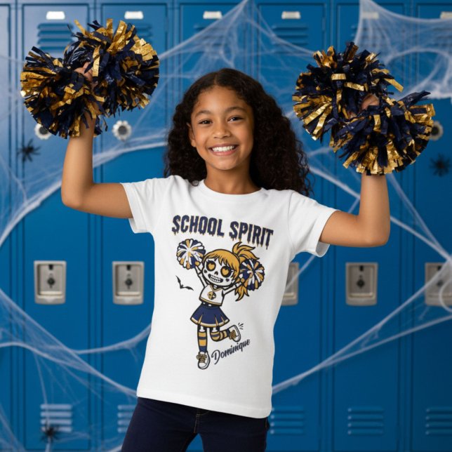 T-Shirt Squelette Pom-pom girl Halloween esprit école (Cheer in spooky style with this Skeleton Cheerleader Halloween School Spirit T-Shirt in Navy & Gold)