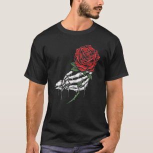 T-shirt Squelette tenant la main Rose rouge
