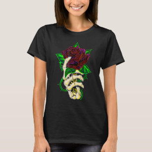T-shirt Squelette tenant la main rouge tatouage Rose