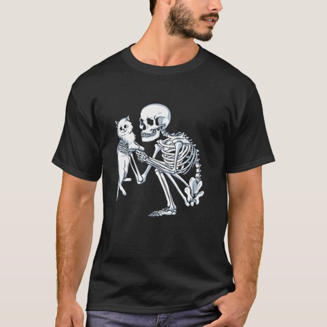 T-shirt Squelette tenant un chat félin (Devant)