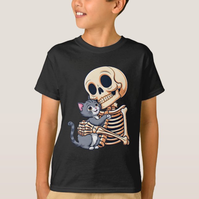 T-shirt Squelette tenant un chat mignon costume d'Hallowee (Devant)