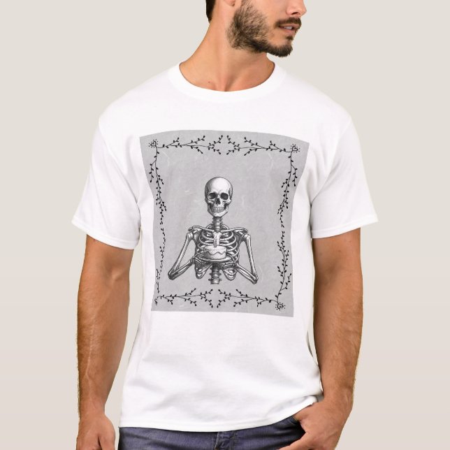 T-shirt Squelette tenant un gâteau graphique gothique drôl (Devant)