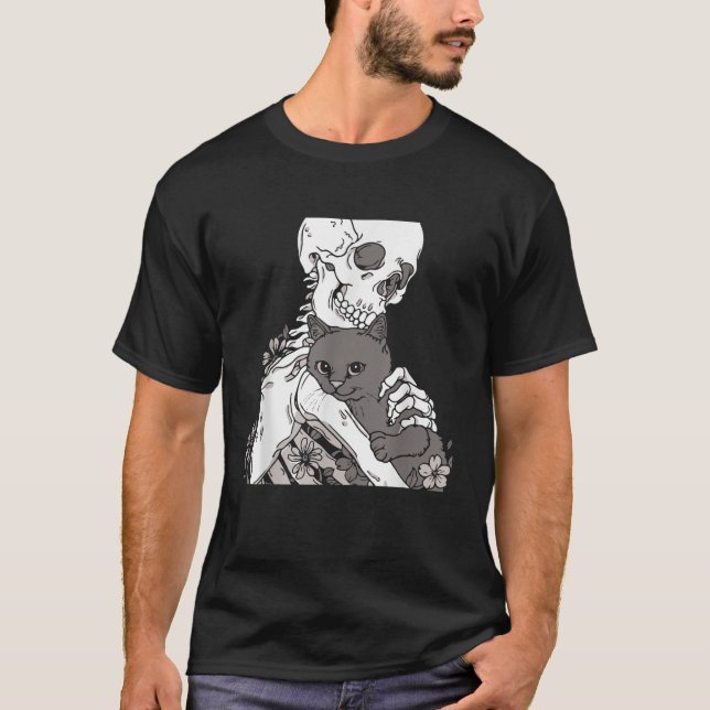 T-shirt Squelette tenant une chemise de chat Lazy Hallowee (Devant)