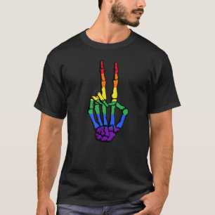 T-shirt Squelette Vintage Main Signe de Paix Amour Lesbien