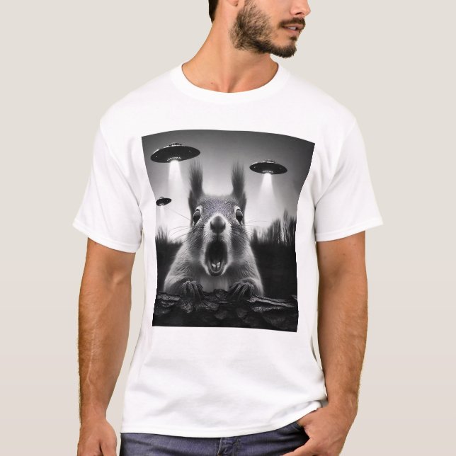 T-shirt Squirrel Alien UFO Racoon Selfie avec OVNI (Devant)