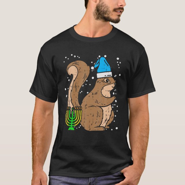T-shirt Squirrel Menorah juif Hanoukka Chanukah Animal L (Devant)