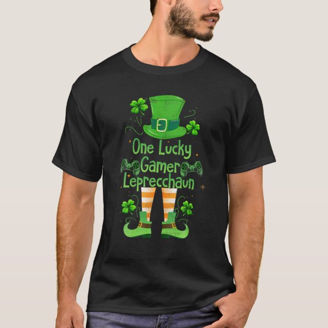 T-shirt St Patrick’S Day One Lucky Gamer Leprecchaun Gamin (Devant)