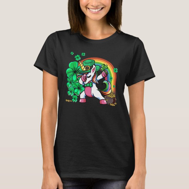 T-shirt St Patricks Day Girls Dabbing Unicorn Leprechaun L (Devant)