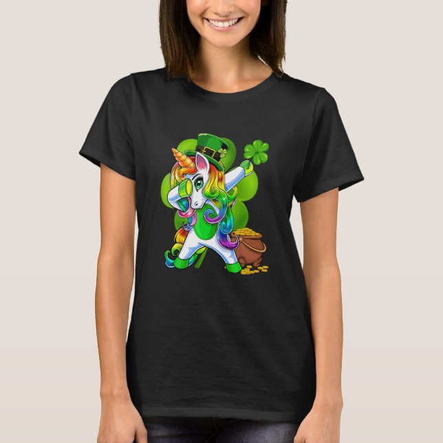 T-shirt St Patricks Day Girls Dabbing Unicorn Leprechaun L (Devant)