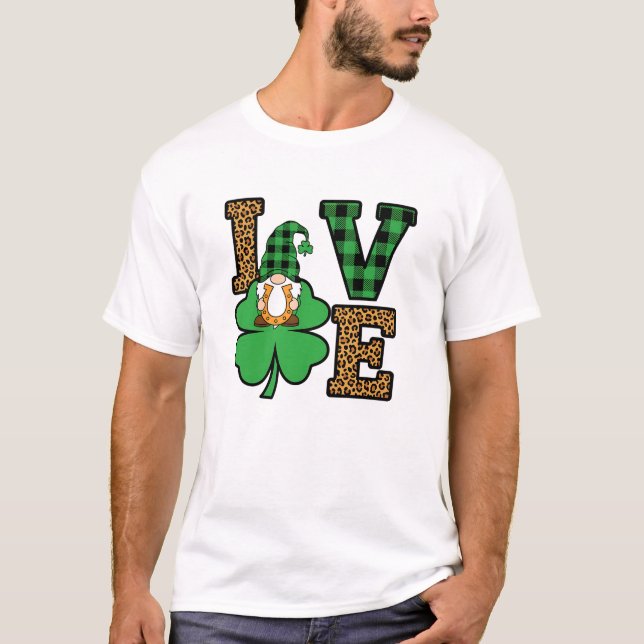 T-shirt St Patrick's Day Gnome Love Leopard Plaid Art (Devant)